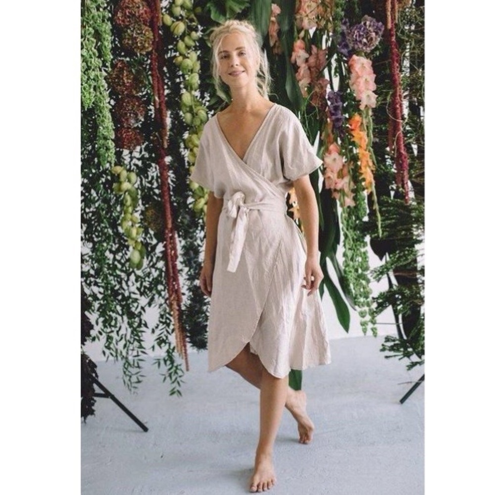 Linenfox Mimosa Front Wrap Dress in Beige size S/M